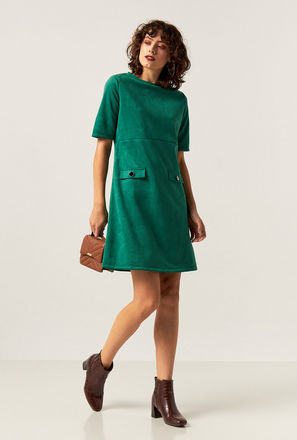 Solid Shift Dress with Short Sleeves and Suede Button Accents