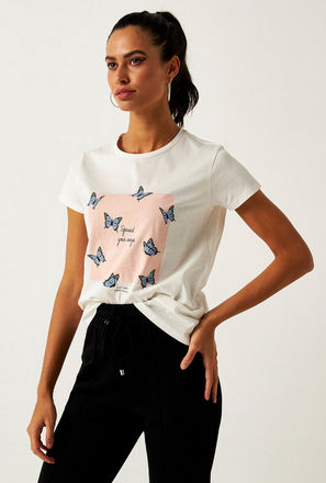 Butterfly Print Crew Neck T-shirt with Short Sleeves