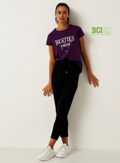 Slogan Print BCI Cotton Crew Neck T-shirt with Short Sleeves