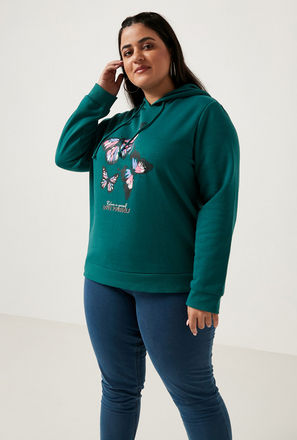 Butterfly Print Hoodie with Drawstring Detail and Long Sleeves