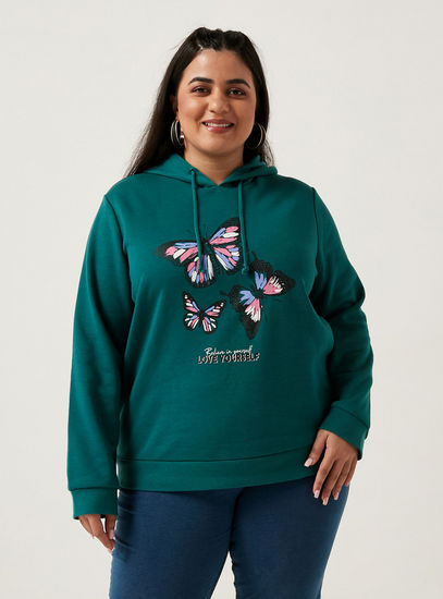 Butterfly Print Hoodie with Drawstring Detail and Long Sleeves
