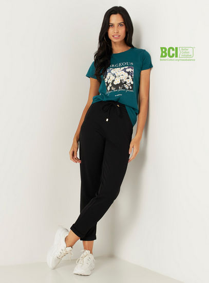 Floral Print BCI Cotton T-shirt with Short Sleeves and Crew Neck