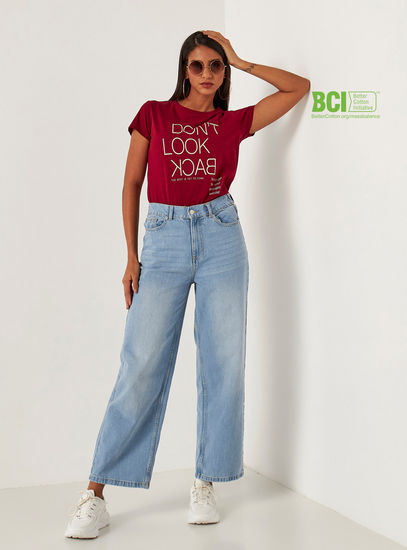Slogan Print BCI Cotton T-shirt with Short Sleeves and Round Neck
