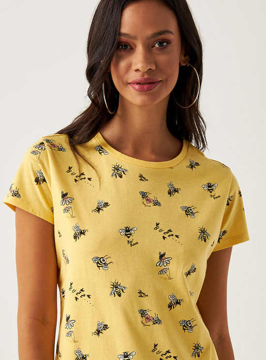 Honey Bee Print T-shirt with Round Neck and Short Sleeves