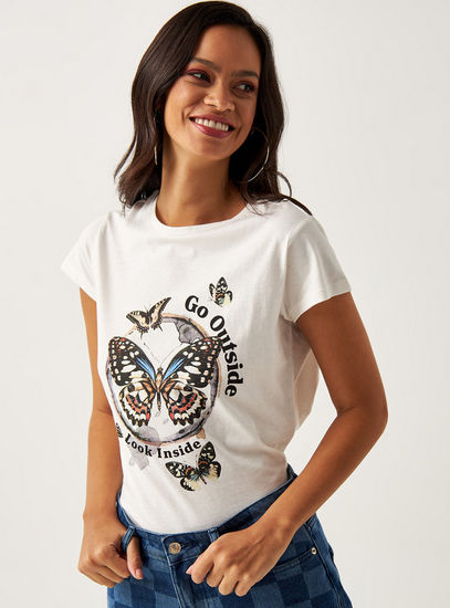 Graphic Print BCI Cotton T-shirt with Short Sleeves and Crew Neck