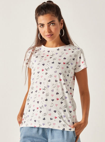 Heart Print BCI Cotton T-shirt with Crew Neck and Short Sleeves