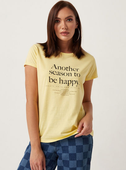 Slogan Print BCI Cotton T-shirt with Short Sleeves