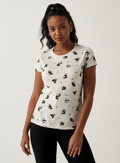 Panda Print BCI Cotton T-shirt with Round Neck and Short Sleeves