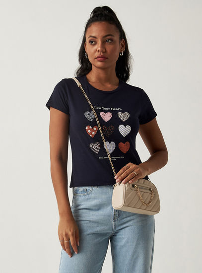 Heart Print BCI Cotton T-shirt with Round Neck and Short Sleeves