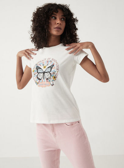 Printed BCI Cotton T-shirt with Crew Neck and Short Sleeves