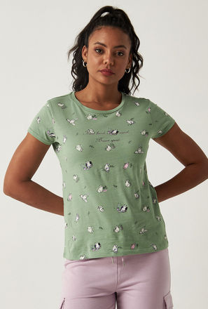 All Over Cats Print Round Neck T-shirt with Short Sleeves