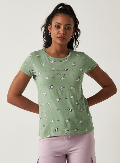 All Over Cats Print Round Neck T-shirt with Short Sleeves