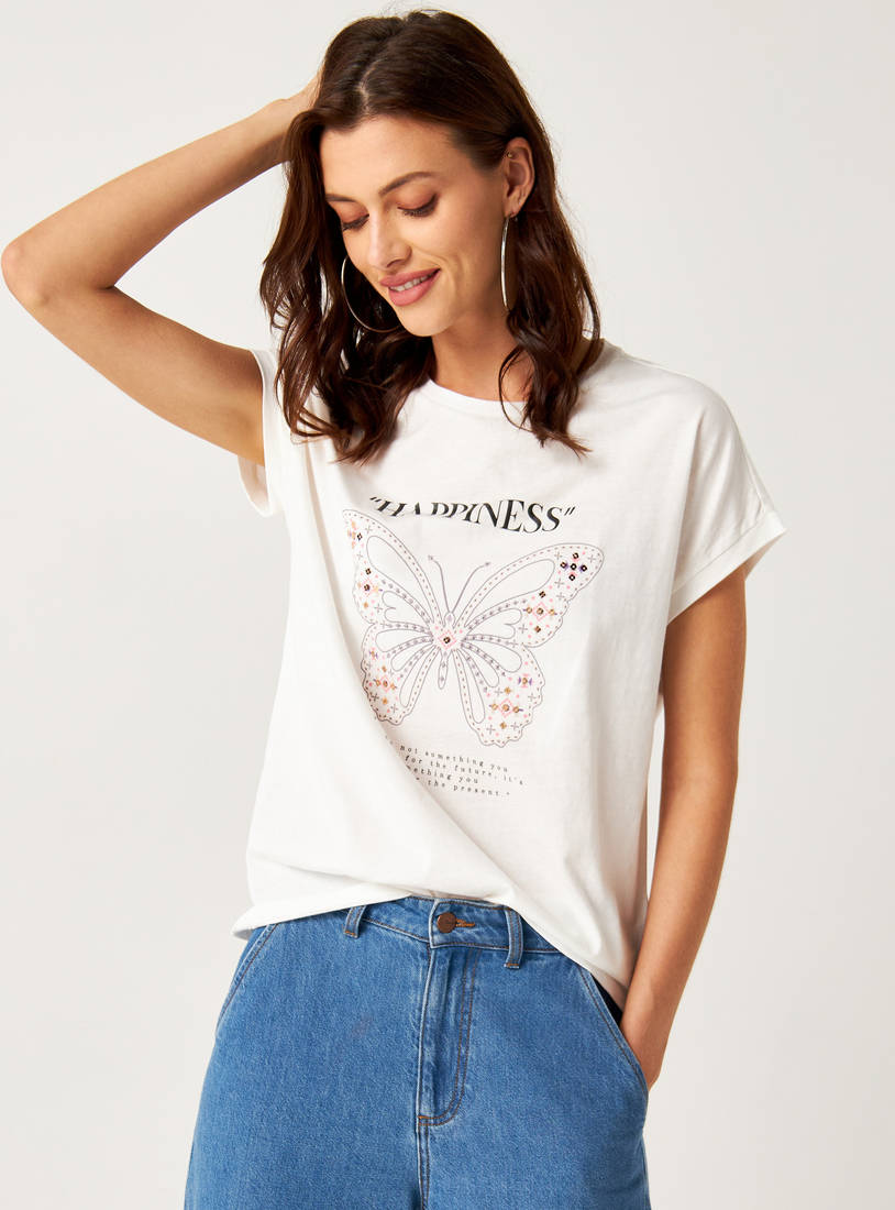 Butterfly Embellished Round Neck T-shirt with Drop Shoulder Sleeves-T-shirts & Vests-image-0