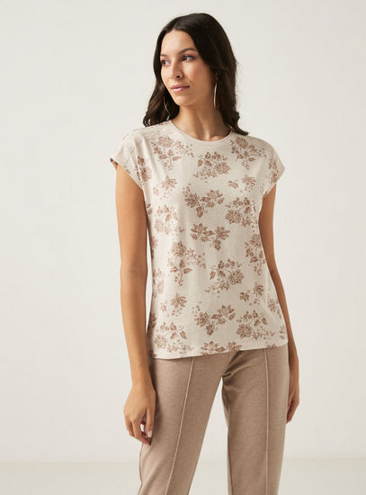 All Over Floral Print Better Cotton Top with Cap Sleeves and Lace Detail