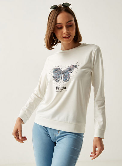 Butterfly Print Sweatshirt with Crew Neck and Long Sleeves