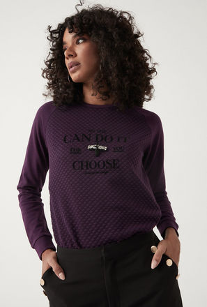 Slogan Print Crew Neck Sweatshirt with Butterfly Accent and Long Sleeves