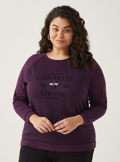 Slogan Print Crew Neck Sweatshirt with Butterfly Accent and Long Sleeves