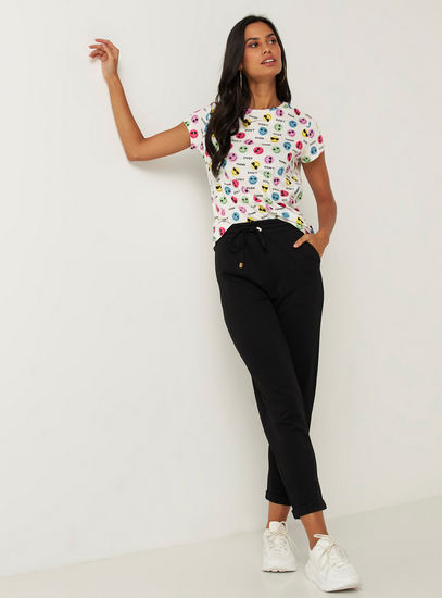 Emoji Print T-shirt with Round Neck and Short Sleeves