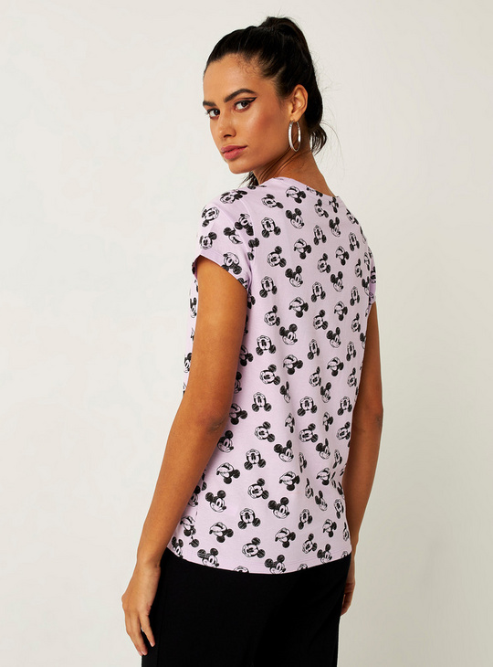 All-Over Mickey Mouse Print T-shirt with Short Sleeves and Round Neck