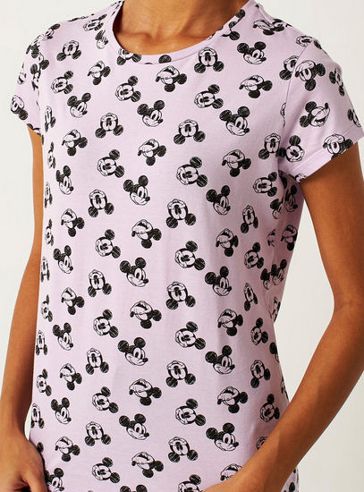 All-Over Mickey Mouse Print T-shirt with Short Sleeves and Round Neck