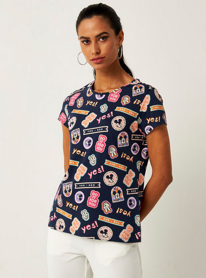 All Over Mickey Mouse Print T-shirt with Round Neck and Short Sleeves