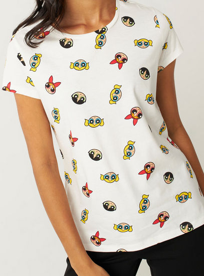 Powerpuff Girls Print T-shirt with Round Neck and Short Sleeves