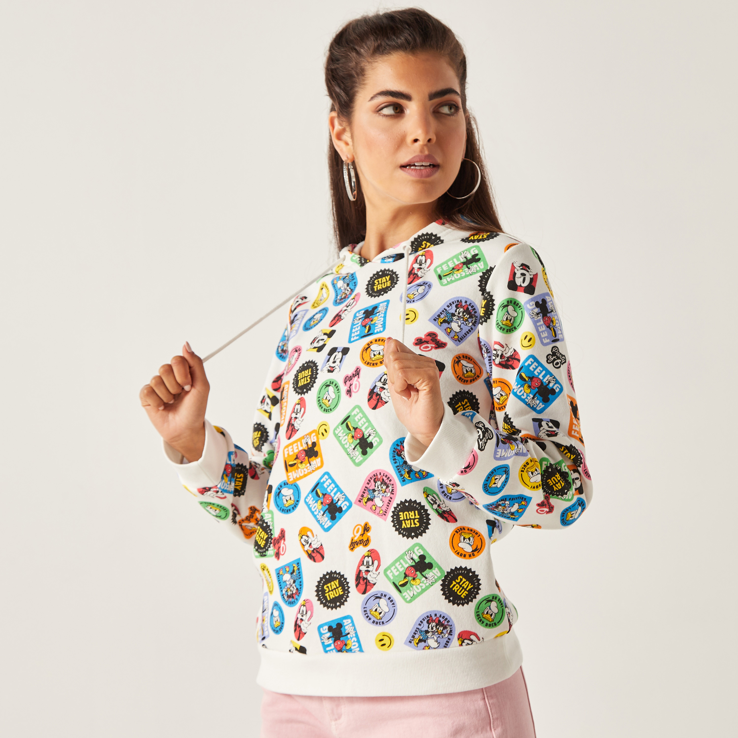 Shop Mickey and Friends Print Long Sleeves Sweatshirt with Hood