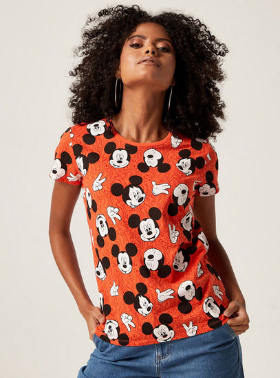 Mickey Mouse Print Crew Neck T-shirt with Short Sleeves