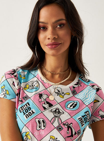 All-Over Looney Tunes Print T-shirt with Short Sleeves and Round Neck