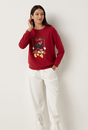 Mickey and Minnie Print Crew Neck Sweatshirt with Long Sleeves