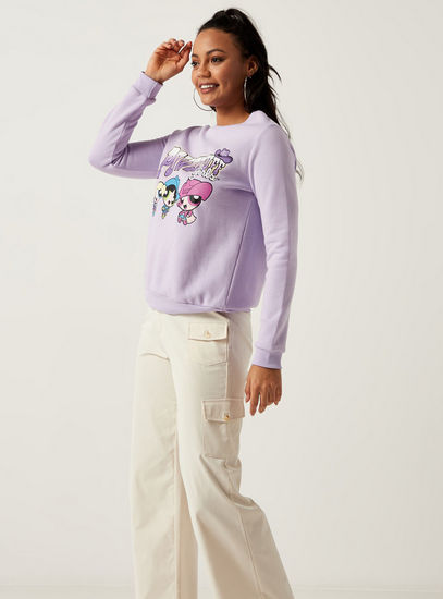 Powerpuff Girls Print Crew Neck Sweatshirt with Long Sleeves-Hoodies & Sweatshirts-image-1