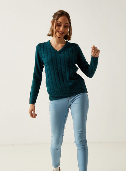 Cable-Knit Sweater with V-neck and Long Sleeves