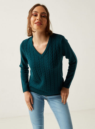 Cable-Knit Sweater with V-neck and Long Sleeves