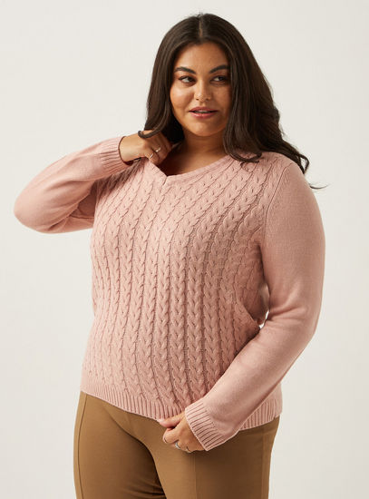 Cable-Knit Sweater with V-neck and Long Sleeves-Sweaters & Cardigans-image-0