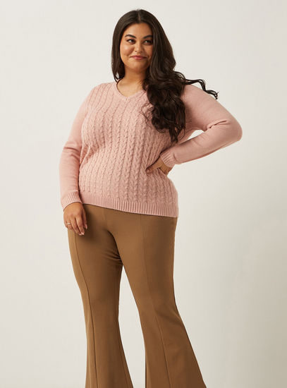 Cable-Knit Sweater with V-neck and Long Sleeves-Sweaters & Cardigans-image-1