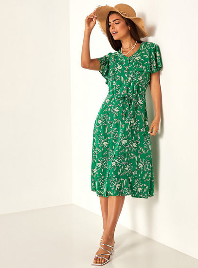 Floral Print Midi Dress with Tie-Up Belt and Butterfly Sleeves