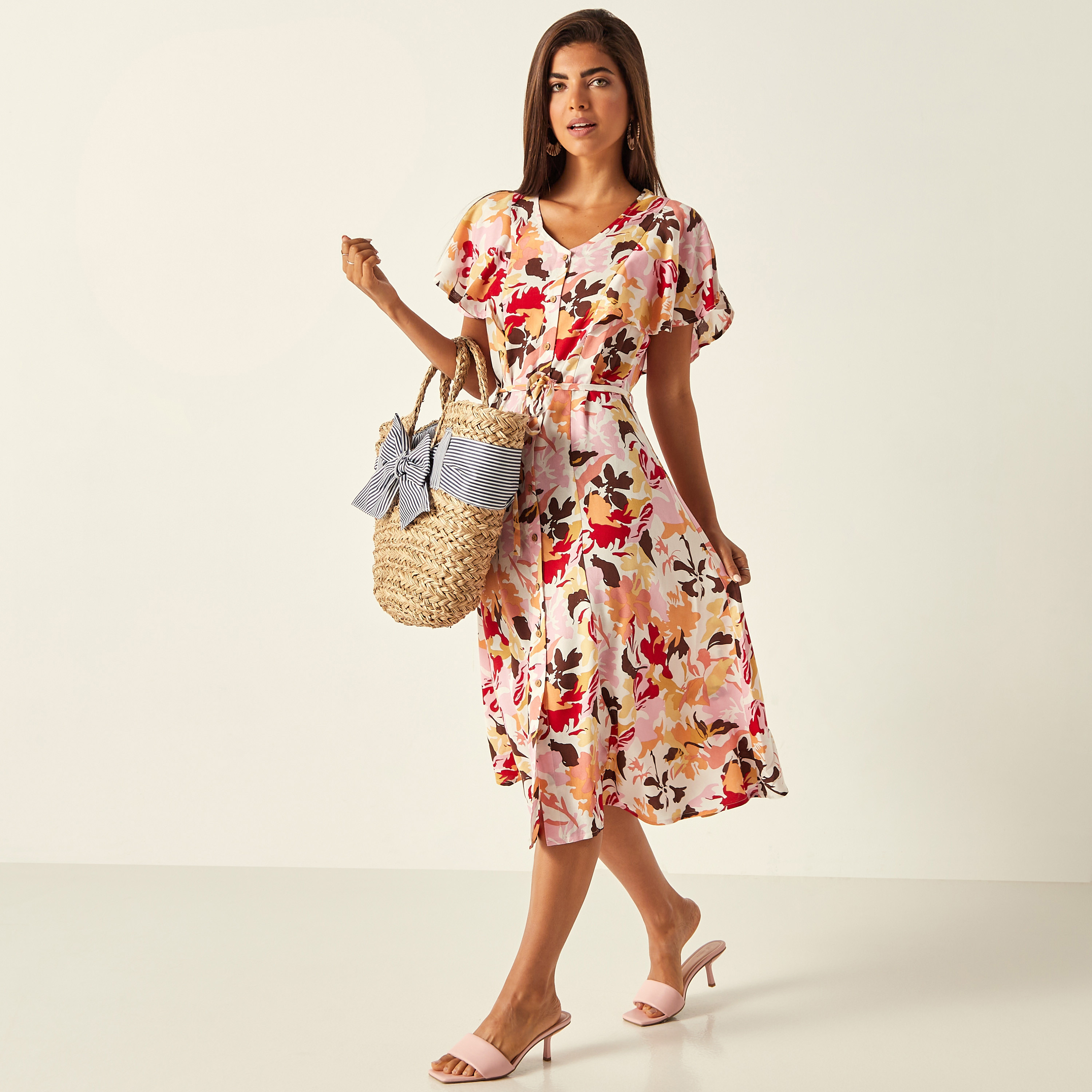 Shop Floral Print Midi Dress with Tie 