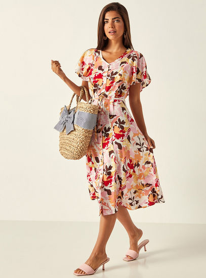 Floral Print Midi Dress with Tie-Up Belt and Butterfly Sleeves