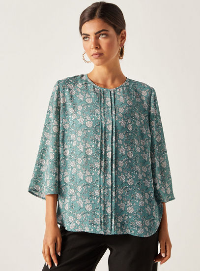 Floral Print Pintuck Hip Length Top with 3/4 Bell Sleeves