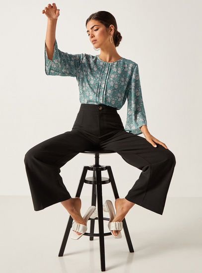 Floral Print Pintuck Hip Length Top with 3/4 Bell Sleeves-Blouses-image-1
