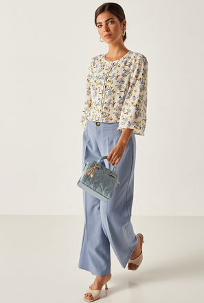 Floral Print Pintuck Top with Crew Neck and Bell Sleeves