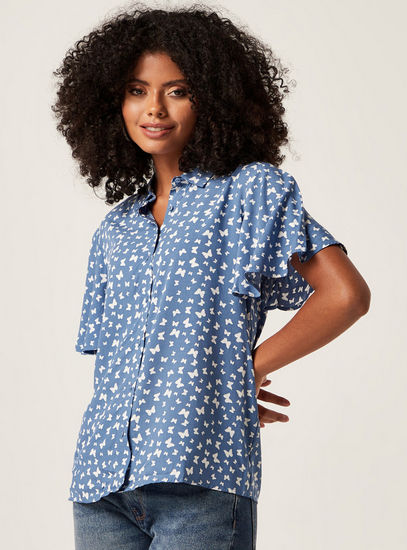 Printed Shirt with Flutter Sleeves and Spread Collar