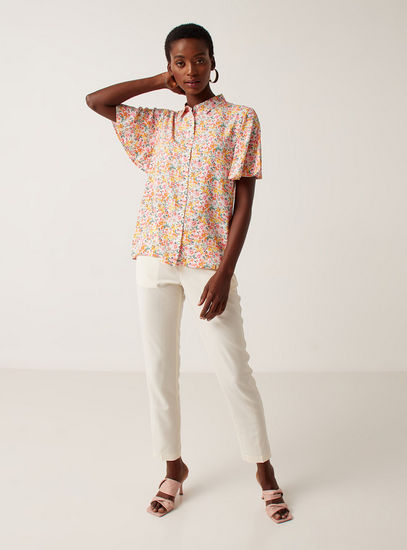 Floral Printed Shirt with Flutter Sleeves and Spread Collar
