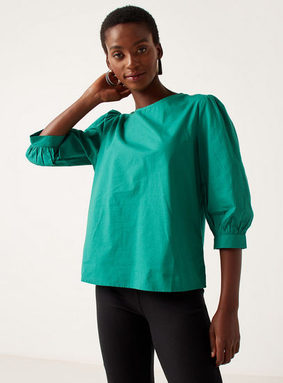 Solid Crew Neck Poplin Top with 3/4 Sleeves