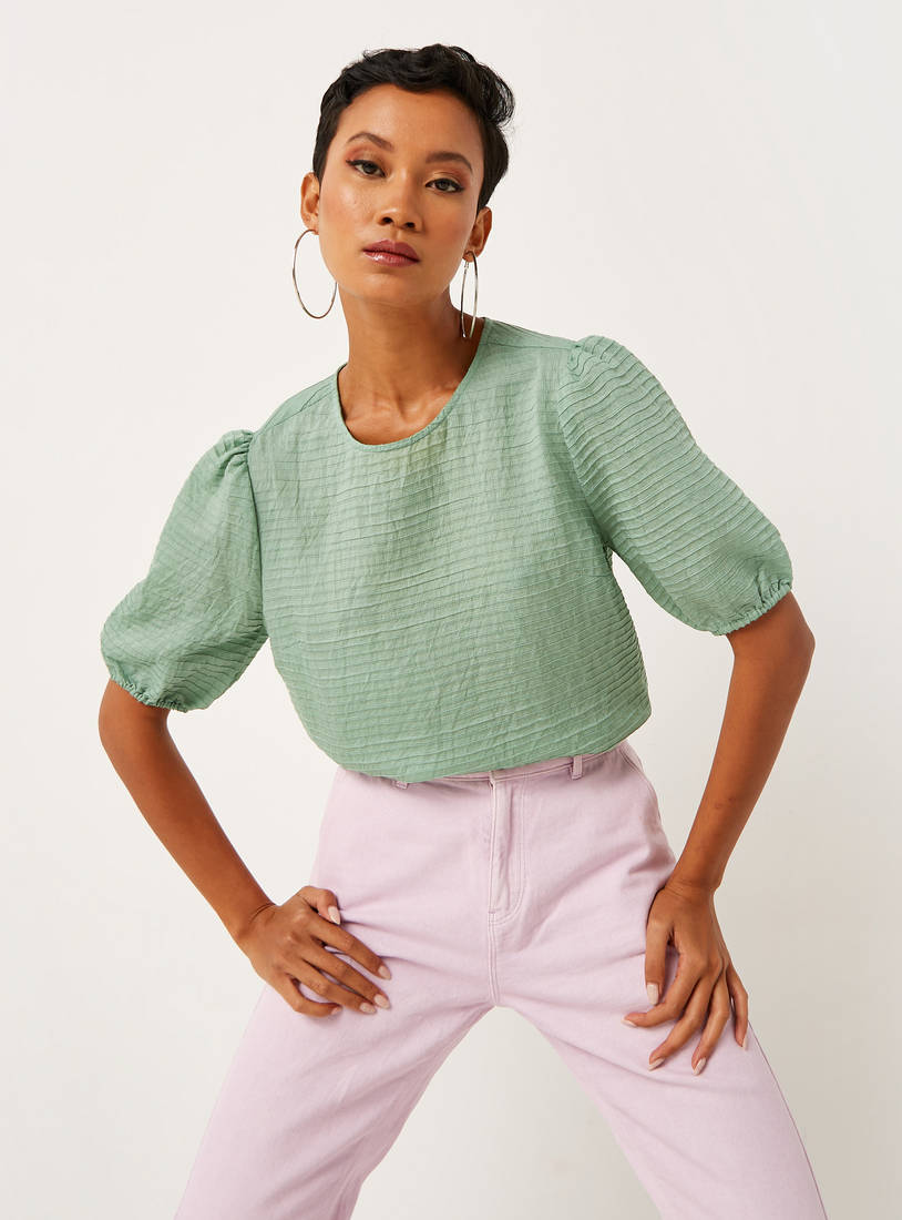 TexturedTop with Short Puff Sleeves and Round Neck-Blouses-image-0