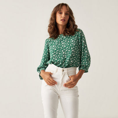 All Over Floral Print Top with Crew Neck and 3/4 Sleeves