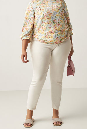 All Over Floral Print Top with Crew Neck and 3/4 Sleeves