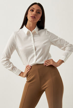 Solid Button Up Poplin Shirt with Long Sleeves