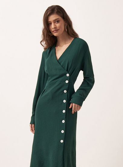 Solid V-neck Midi Dress with Long Sleeves and Button Detail