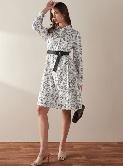 Printed Collared Dress with Belt and Long Sleeves-Mini-image-0